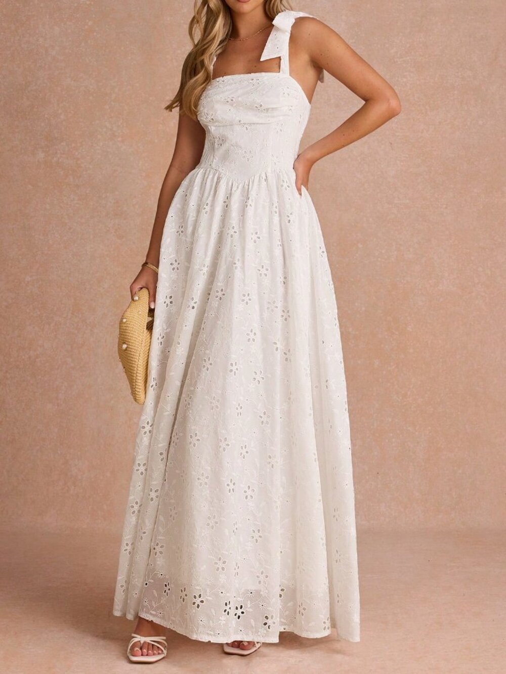 White Elegant Women's Romantic Square Neck Embroidered Maxi Dress - Picture 5 of 6